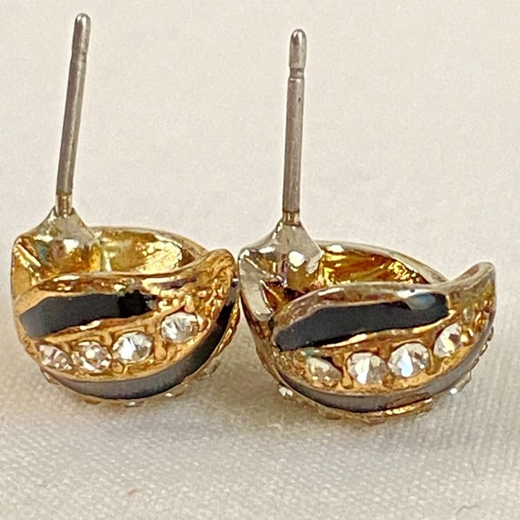 Earrings Womens Black Enamel Clear Rhinestone Diagonal Stripe Studs - Picture 3 of 5